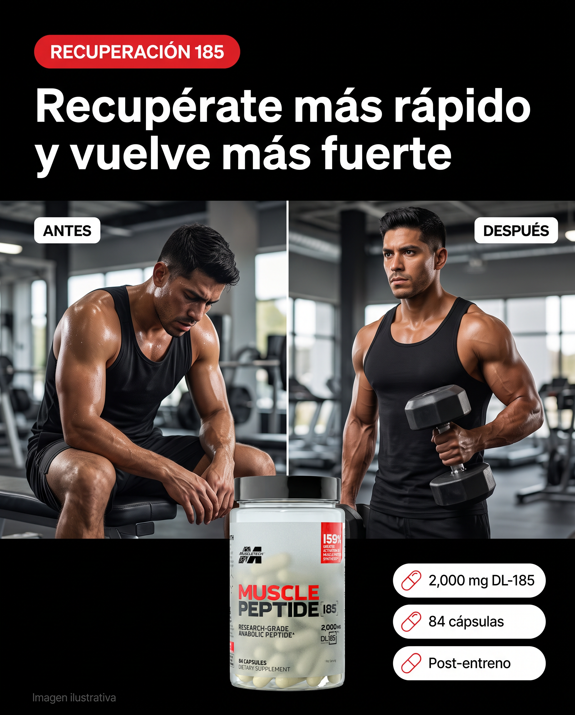 Suplemento Muscle Peptide 185 MuscleTech, recuperación después de entrenar