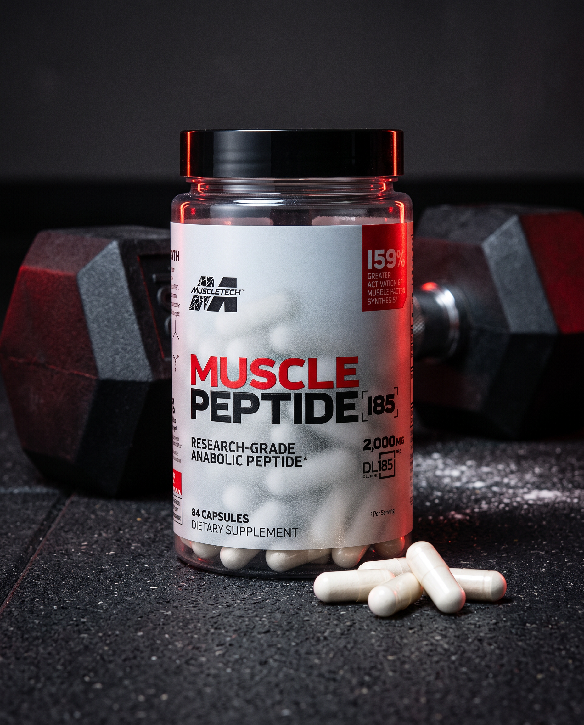Suplemento Muscle Peptide 185 MuscleTech, frasco de 84 cápsulas