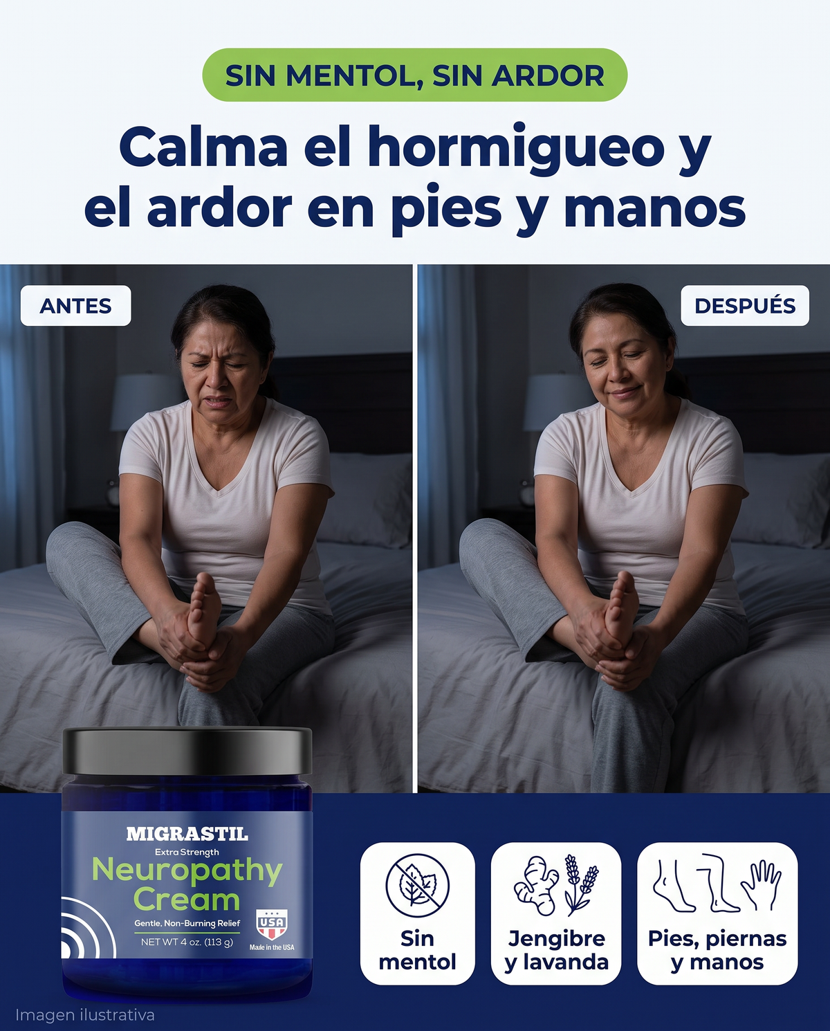 Crema para neuropatía Migrastil, fórmula sin mentol ni ardor